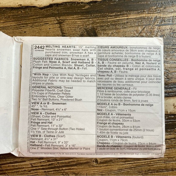 McCall’s crafts sewing pattern #2442 melting hearts 15” snowmen - Picture 4 of 5